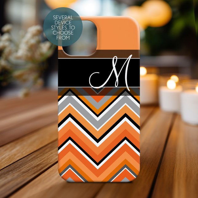 Chic Chevron Pattern Black Grey Orange Monogram Case-Mate iPhone Case (Personalized Phone Case with Monogram)