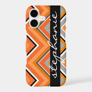 Chic Chevron Pattern Black Grey Orange script Name