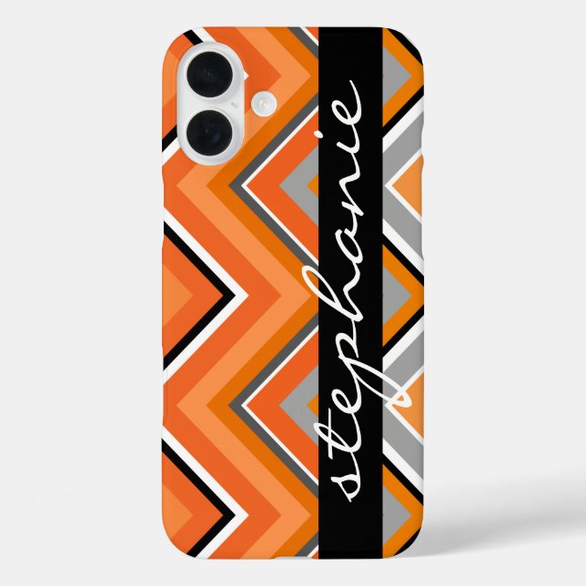 Chic Chevron Pattern Black Grey Orange script Name Case-Mate iPhone Case (Back)