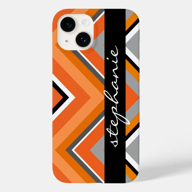 Chic Chevron Pattern Black Grey Orange with Name Case-Mate iPhone Case (Back)