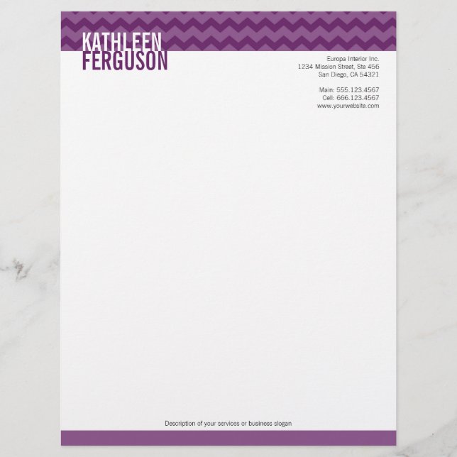 Chic chevron pattern deep purple two tone stylish letterhead template (Front)