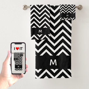 Chic Chevron Pattern on Black White Monogrammed Bath Towel Set