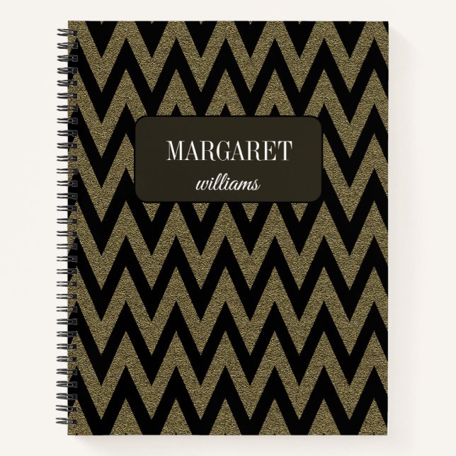 Chic chevron zigzag  glitter &black custom name notebook (Front)