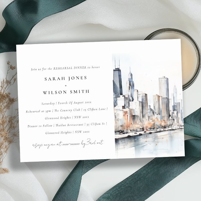 Chic Chicago Illinois City Scape Rehearsal Dinner Invitation (Creator Uploaded)