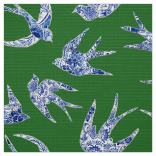 Chic Chinoiserie Swallow Birds Floral Blue Green Fabric