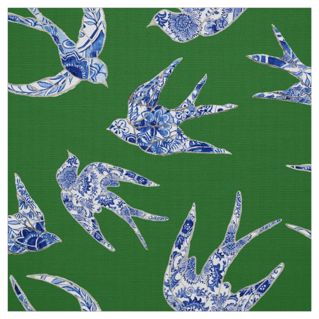 Chic Chinoiserie Swallow Birds Floral Blue Green Fabric (Swatch)