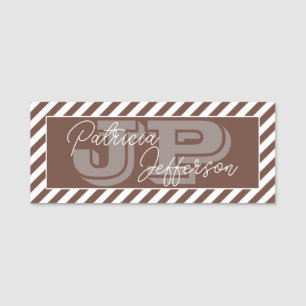 Chic Chocolate Brown White Striped Unique Monogram Name Tag