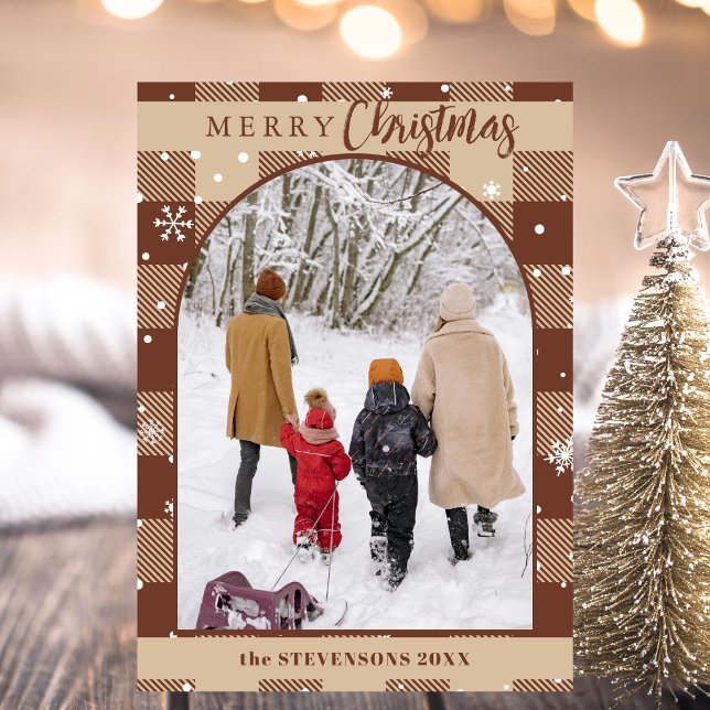 Chic Chocolate Buffalo Plaid Snowflakes Christmas Holiday Card (Creator Uploaded)