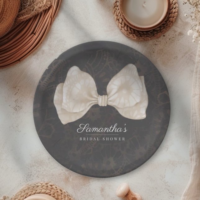 Chic Choquette Dark Grey Bow Bridal Shower Paper Plate (Creator Uploaded)