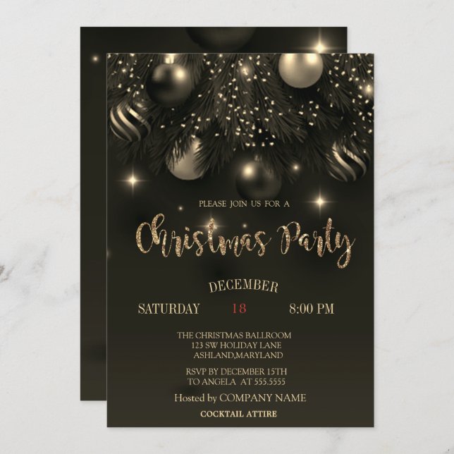 Chic Christmas Balls Black Christmas Company Party Invitation (Front/Back)