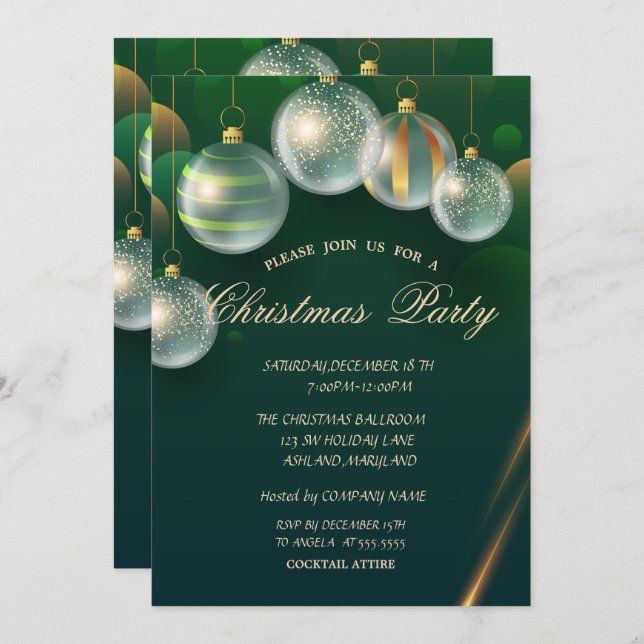 Chic Christmas Balls Green Christmas Party Invitation (Front/Back)