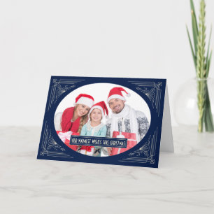 Chic Christmas Blue Art Deco Frame Custom Photo Holiday Card