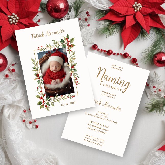 Chic Christmas Botanical Border Naming Ceremony Invitation (Cheerful Christmas Botanical Border with Photo Watercolor Romantic Naming Ceremony Invitation Card.)