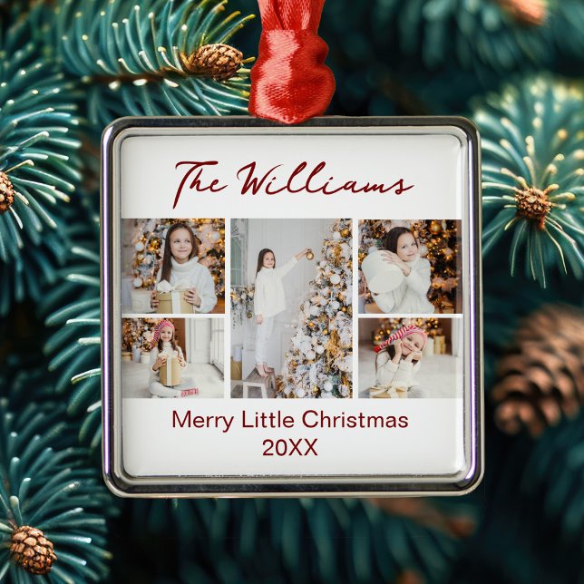 Chic Christmas Family Photo Collage 2025 Red Text Metal Ornament (Creator Uploaded)