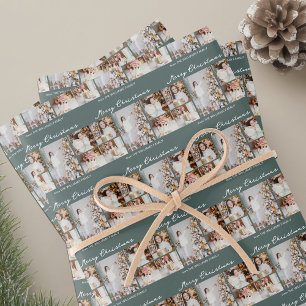 Chic Christmas Family Photo Collage Grey Green Wrapping Paper Sheet