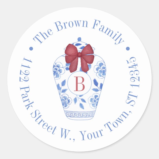 Chic Christmas Ginger Jar Monogram Return Address Classic Round Sticker (Front)