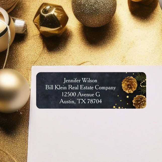Chic Christmas Gold Pine Cone Black Return Address Label (Creator Uploaded)