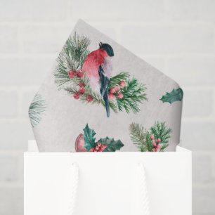 Chic Christmas Holiday Bullfinch Pine Holly Tissue Paper