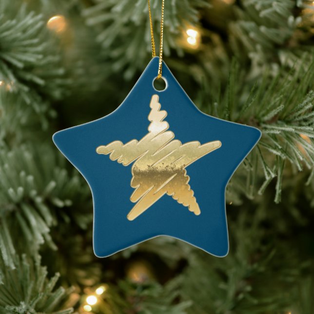 Chic Christmas metallic gold star blue Ceramic Ornament (Tree)