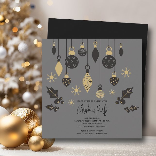 Chic Christmas Ornaments  Invitation (Chic Christmas tree ornaments on grey 5.25" square invitations, PRINTED and/or INSTANT DOWNLOAD)