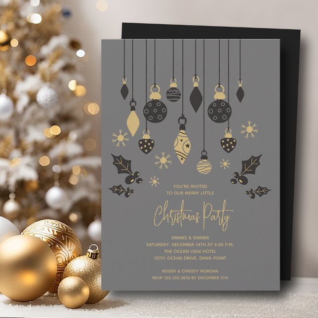 Chic Christmas Ornaments  Invitation (Chic Christmas tree ornaments on grey party invitations, PRINTED and/or INSTANT DOWNLOAD)