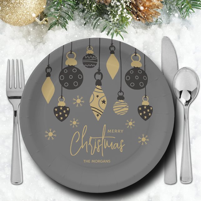 Chic Christmas Ornaments on Grey  Paper Plate (Chic black and gold Christmas tree ornaments on grey paper plates in 2 sizes)