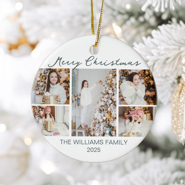 Chic Christmas Photo Collage 2025 Keepsake Ceramic Ornament (Creator Uploaded)