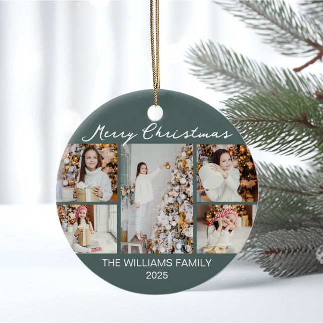 Chic Christmas Photo Collage Commemorative 2025 Ceramic Ornament (Creator Uploaded)