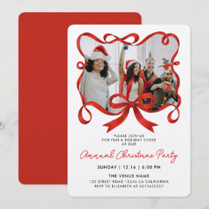 Chic Christmas Photo Red Ribbon Calligraphy Script Invitation