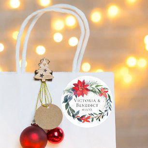 Chic Christmas Poinsettia Floral Wreath Wedding Classic Round Sticker