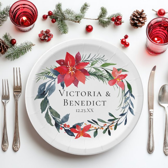 Chic Christmas Poinsettia Floral Wreath Wedding Paper Plate (Creator Uploaded)