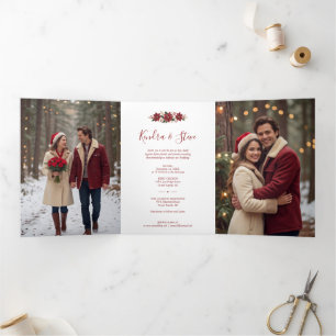 Chic Christmas Poinsettia Wedding Photos TLW26 Tri-Fold Holiday Card