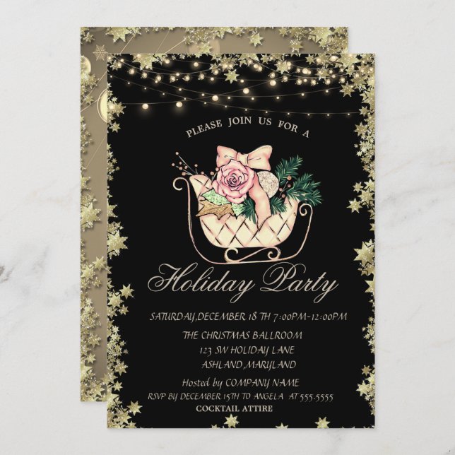 Chic Christmas Sleigh Stars Holiday Invitation (Front/Back)