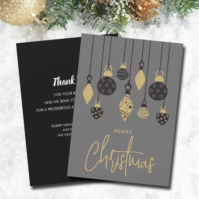 Chic Christmas Tree Ornaments Business Holiday Card (Black & gold Christmas tree ornaments on grey business holiday card-PRINTED and/or INSTANT DOWNLOAD)