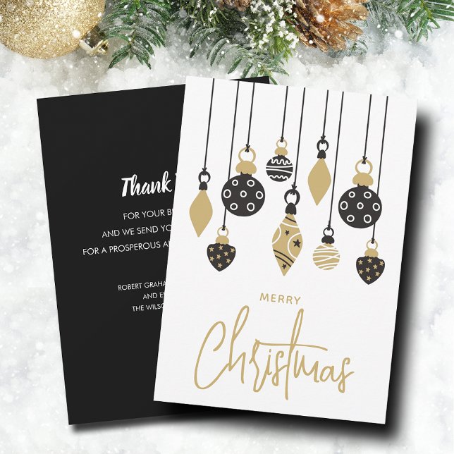 Chic Christmas Tree Ornaments Business Holiday Card (Black and gold Christmas tree ornaments business greeting cards, PRINTED and/or INSTANT DOWNLOAD)
