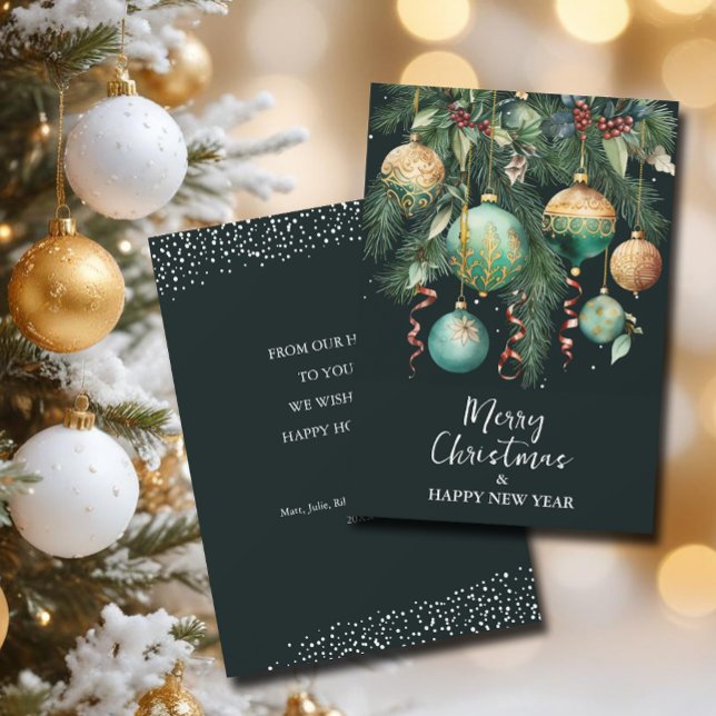 Chic Christmas Tree Ornaments Flat Holiday Card (Chic green and gold Christmas tree ornaments flat holiday greeting cards)