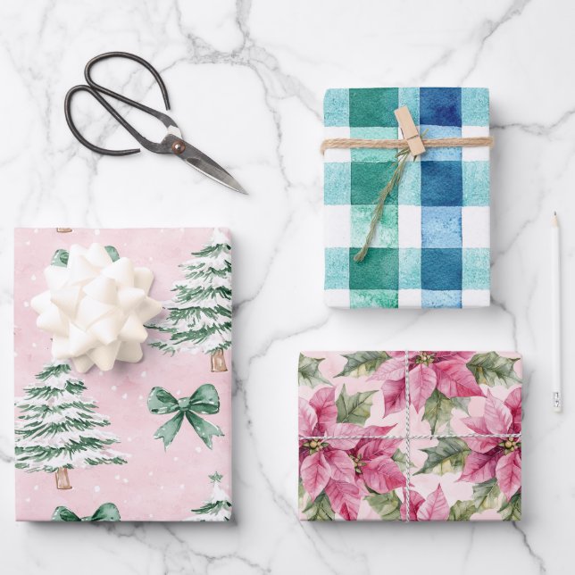 Chic Christmas Trees Plaid Pink Floral Wrapping Paper Sheet (Front)