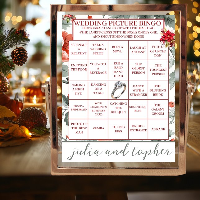 Chic Christmas Wedding Pic Bingo Tabletop Sign Table Number (Christmas Wedding Picture Bingo Reception Tabletop  Games)