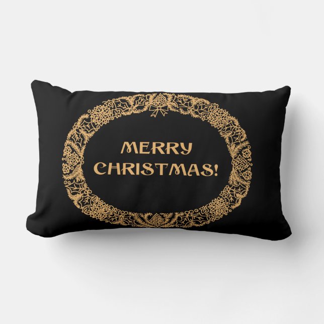 Chic Christmas Wreath Design Gold-effect on Black Lumbar Cushion (Front)