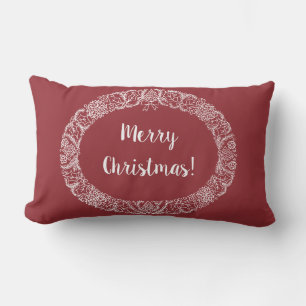 Chic Christmas Wreath Design White on Deep Red Lumbar Cushion