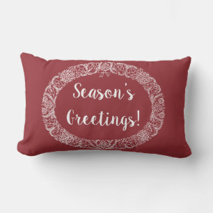 Chic Christmas Wreath Design White on Deep Red Lumbar Cushion