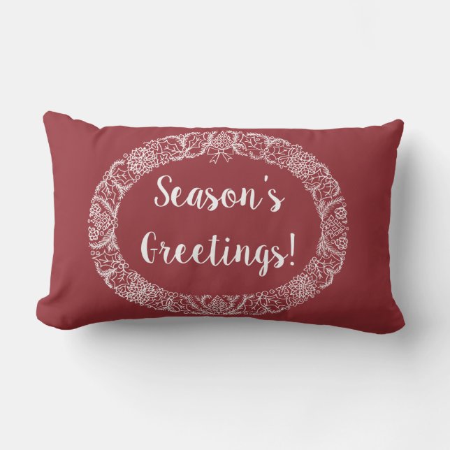 Chic Christmas Wreath Design White on Deep Red Lumbar Cushion (Front)