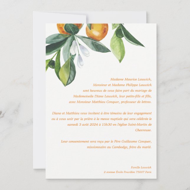 Chic Citrus Orange Botanical Boho Wedding Invitation (Front)