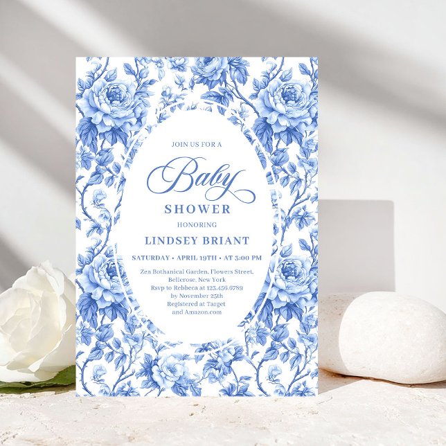 Chic Classic French Toile de Jouy Navy Baby Shower Invitation (Classic French Toile de Jouy Navy Baby Shower Invite)
