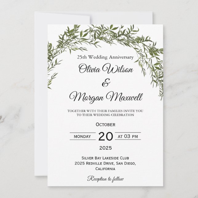 Chic Classic Greenery Wedding Anniversary  Invitation (Front)