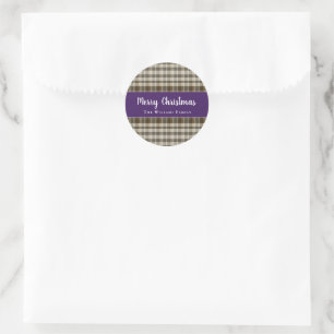 Chic Classic Merry Christmas Plaid Purple White Classic Round Sticker