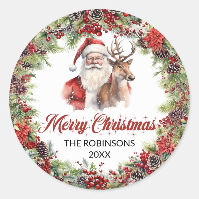 Chic classic red and green Santa with reindeer Round Sticker (Front)