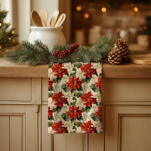 Chic Classic Red and White Poinsettias Christmas  Tea Towel