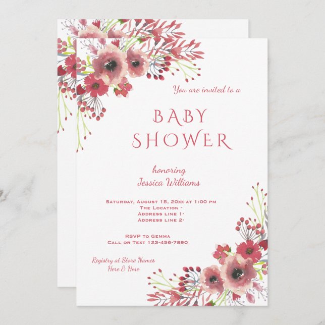 Chic Classy Red Floral Watercolor Baby Shower Invitation (Front/Back)