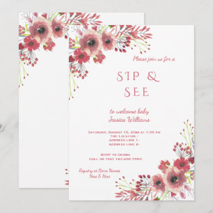 Chic Classy Red Floral Watercolor Sip & See Invitation